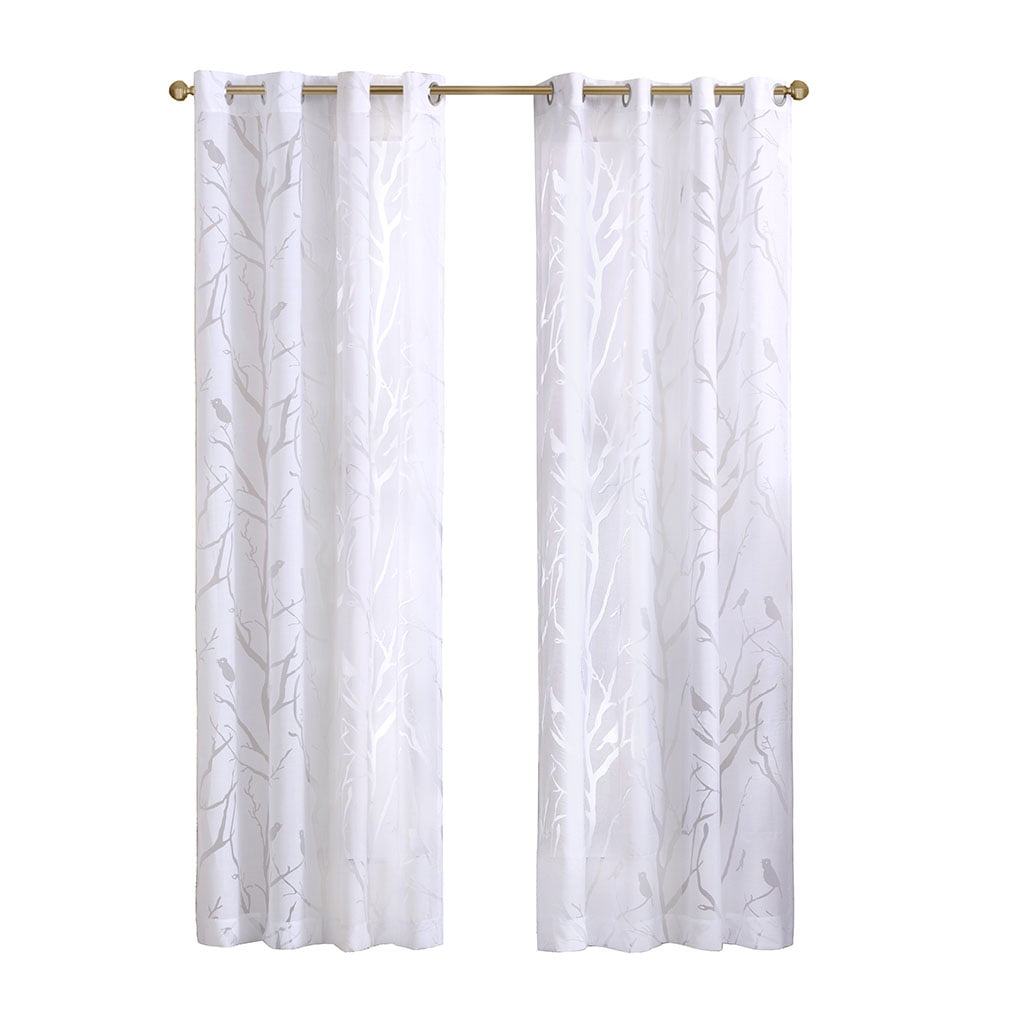 White Sheer Polyester Grommet Top Bird Print Window Panel