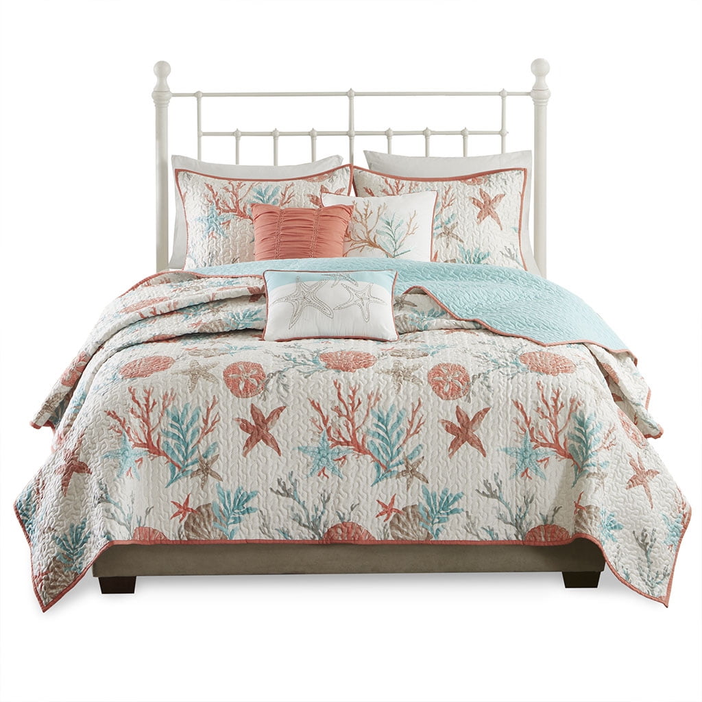 Ivory Cotton Reversible Full Quilt Set with Throw Pillows