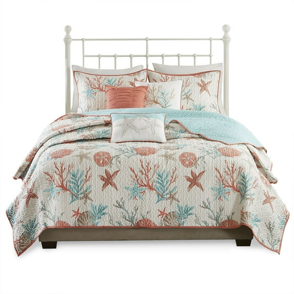 Gracie Mills Koreen 6-Piece Coastal Bliss Cotton Sateen Quilt Set with Throw Pillows - GRACE-3151
