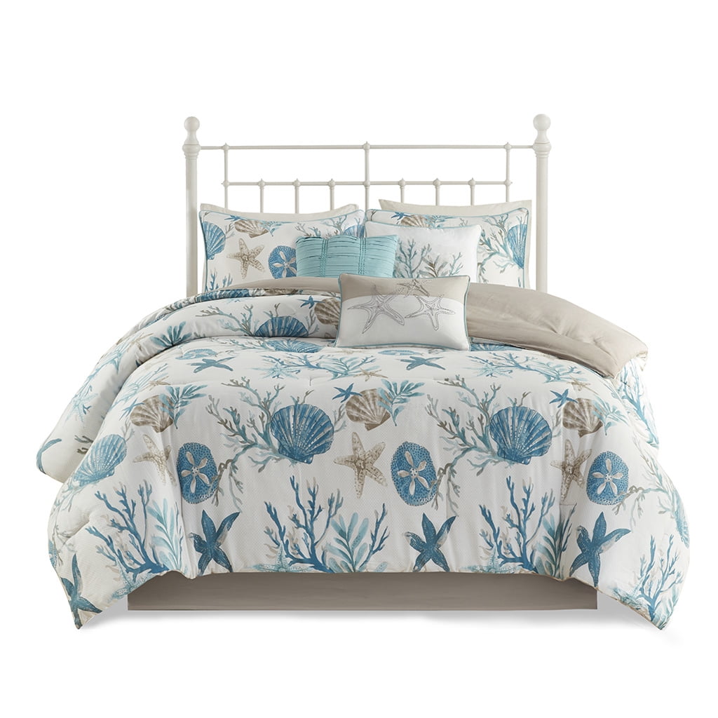 Aqua Coastal Queen Cotton Comforter Set with Decorative Pillows