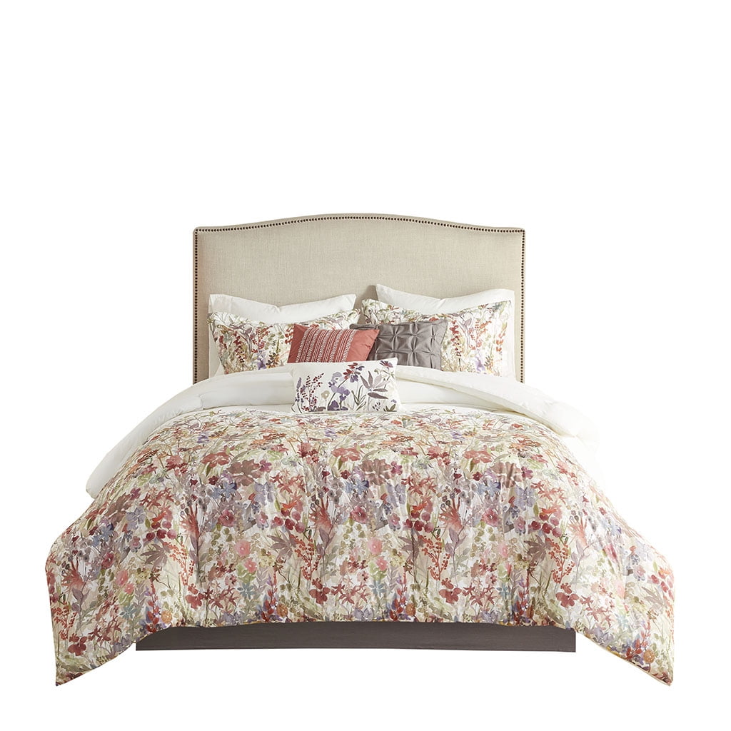 Queen Multicolor Watercolor Floral Cotton Comforter Set