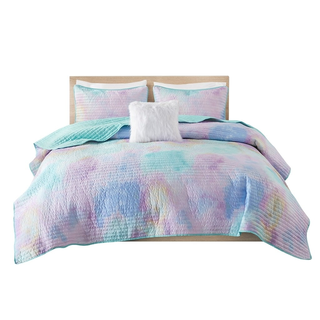 Full Blue Microfiber Watercolor Tie Dye Quilt Set