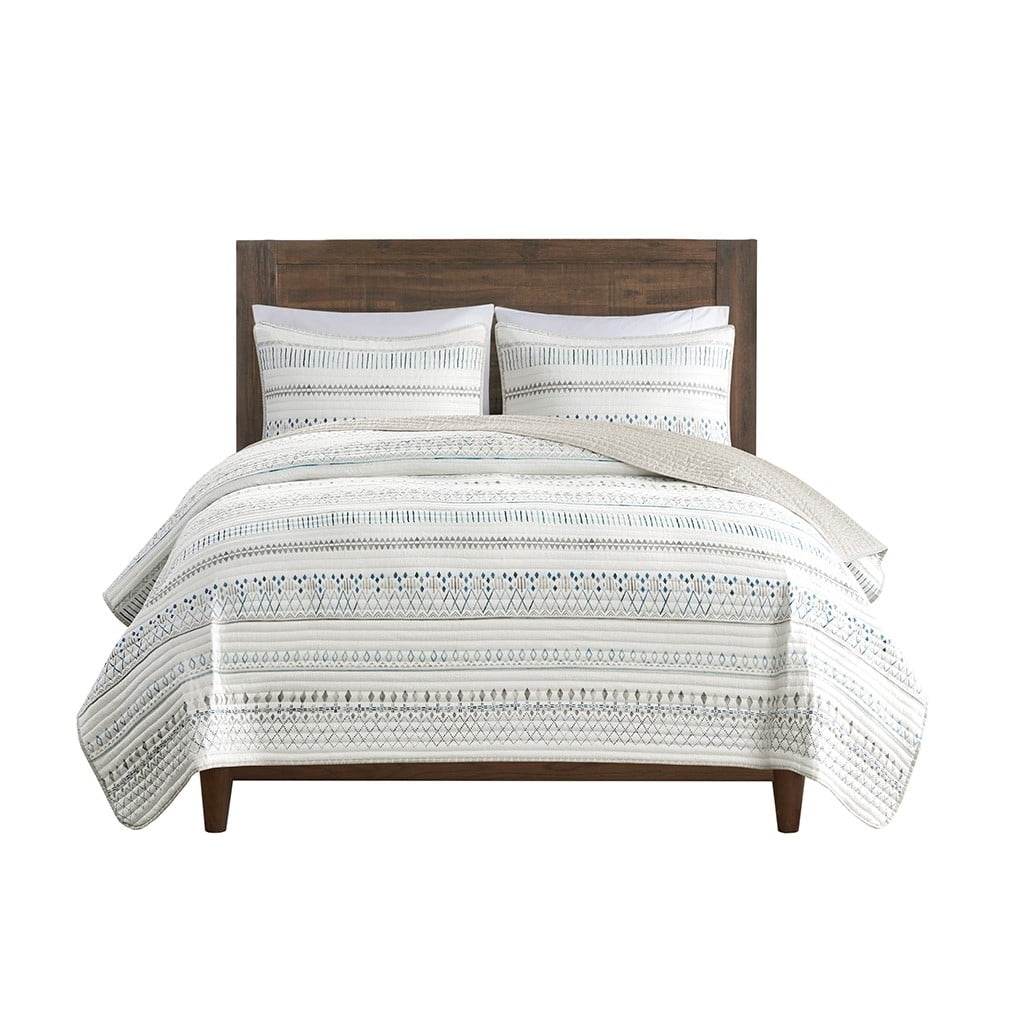 Blue and Taupe Reversible Microfiber Full Quilt Set
