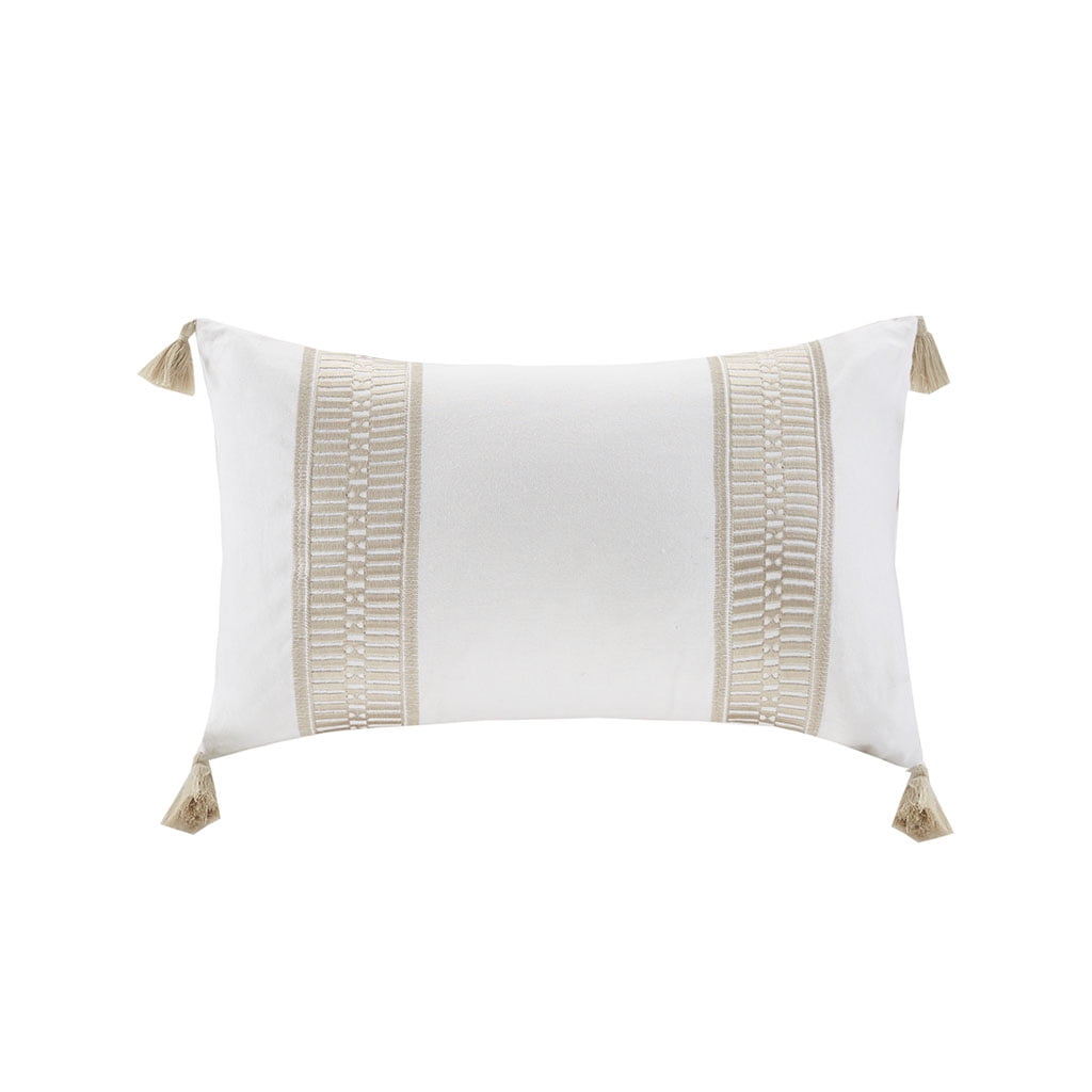 Taupe Embroidered Cotton Oblong Pillow with Tassels