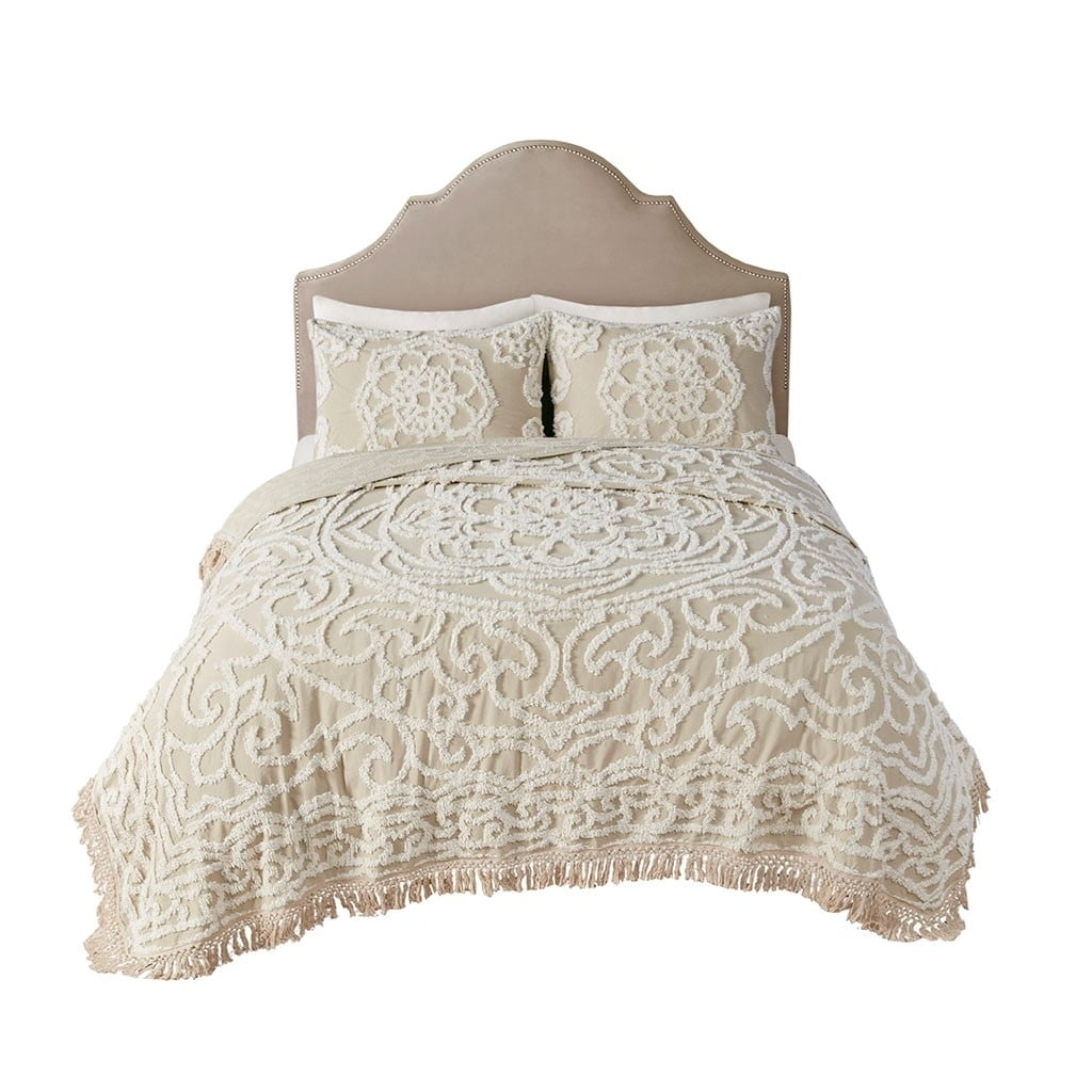 King Beige Cotton Chenille Medallion Fringe Coverlet Set