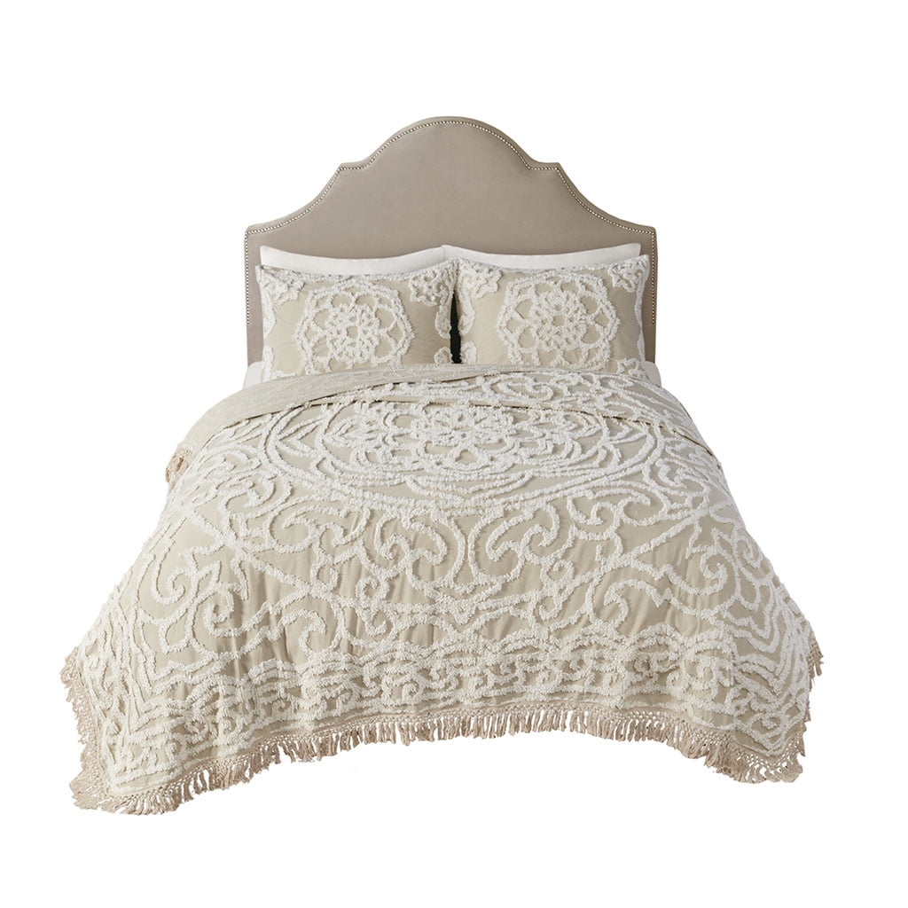 Full Beige Cotton Reversible Tufted Chenille Coverlet Set