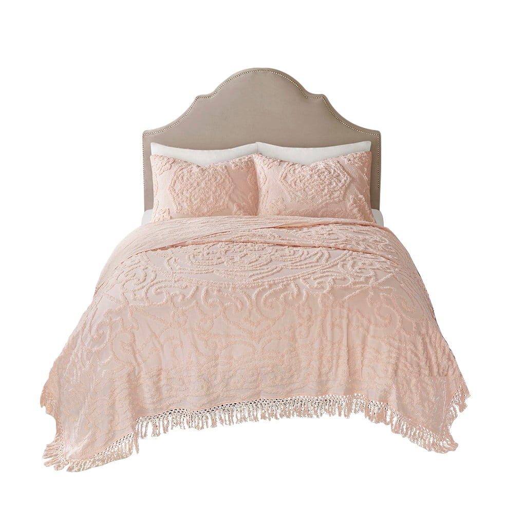 King Blush Cotton Chenille Medallion Fringe Coverlet Set