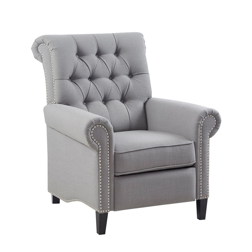 Elegant Gray Microfiber Recliner with Tufted Back and Bronze Nailhead Trim