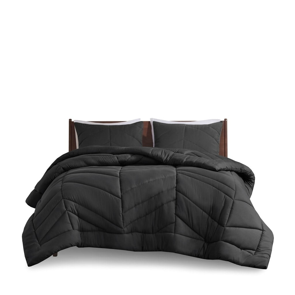 Full Black Microfiber Reversible Chevron Bedspread Set