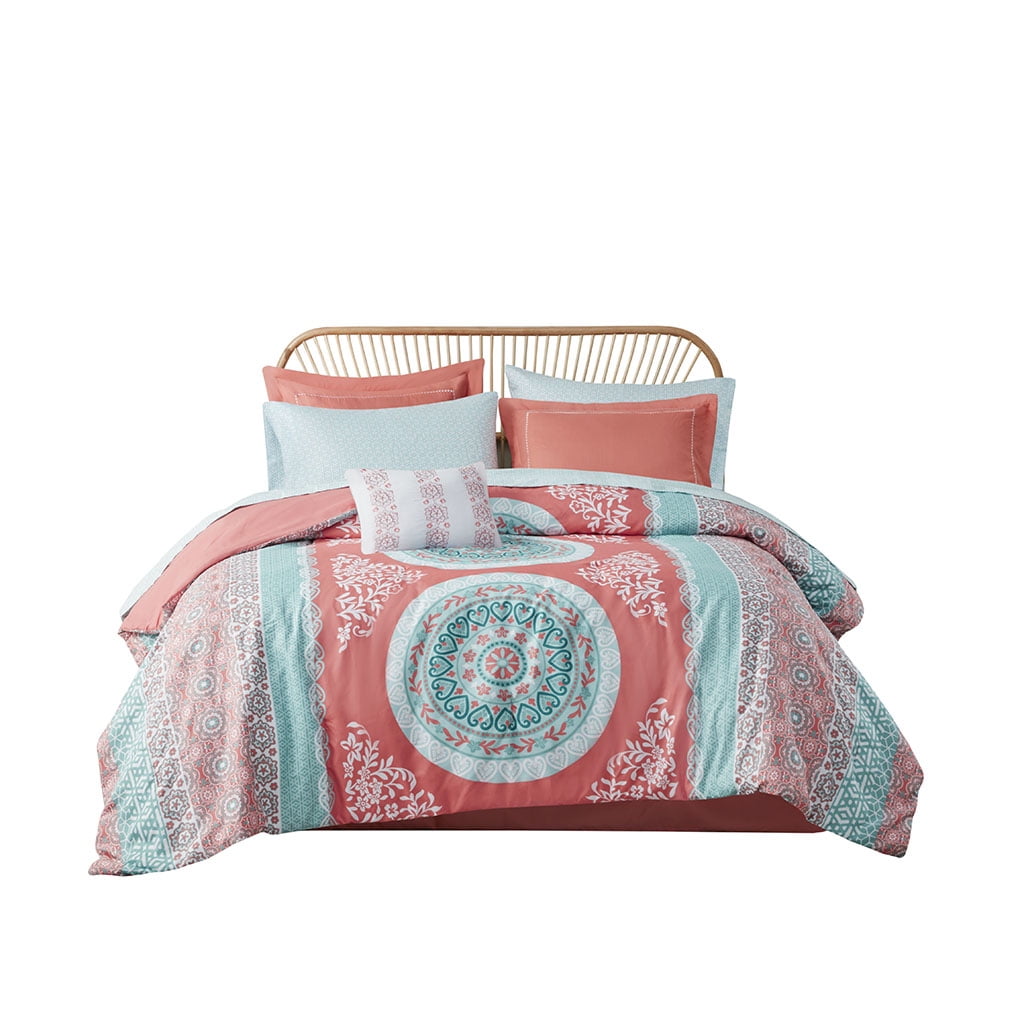 Full Orange Boho Medallion Comforter Set with Sheets