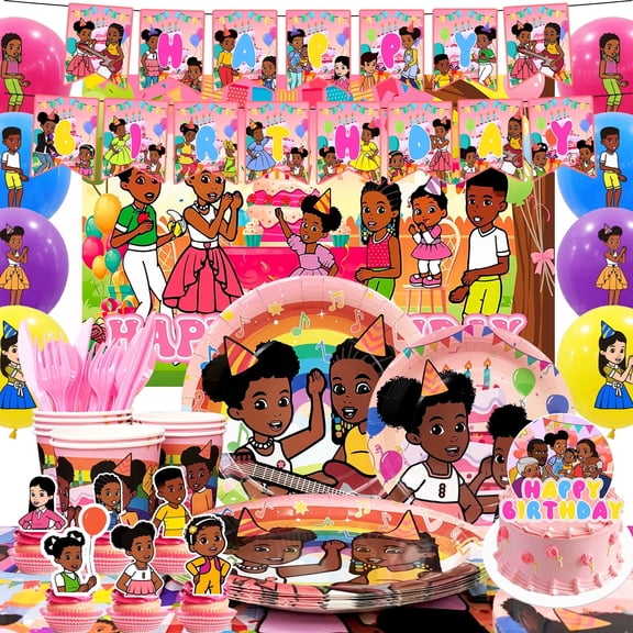 98Pcs Children Birthday Party Decorations Supplies, Children Party Supplies - Cake Toppers Balloons Banner Plates Napkins Cups etc Children Party Decorations for Girls & Boys