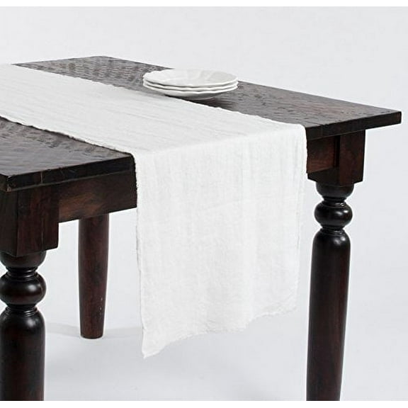 Graciella Fringed Stone Washed Design Table Runner, 100% Linen (ivory)