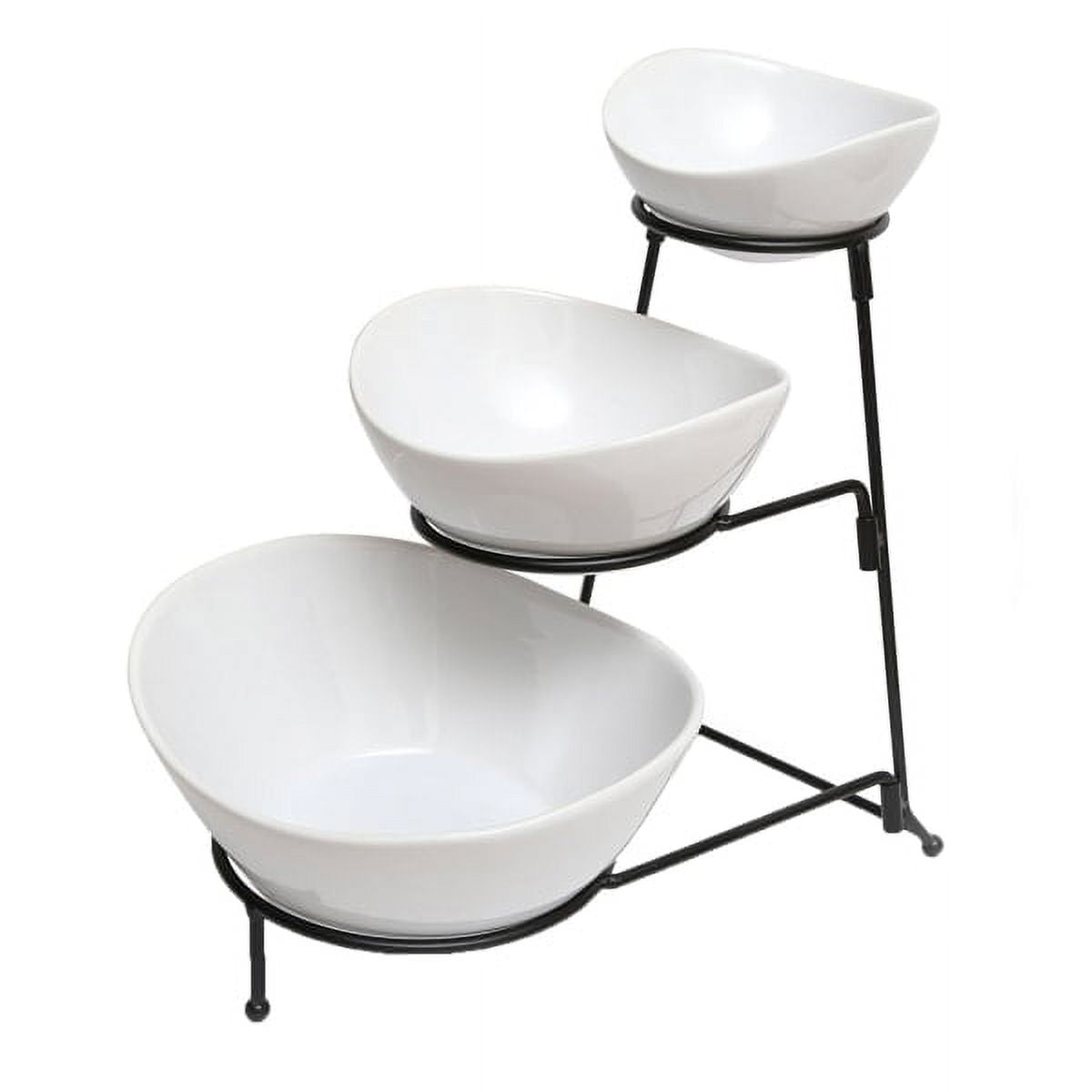 White Ceramic 3-Tier Bowl Server Set with Black Metal Stand