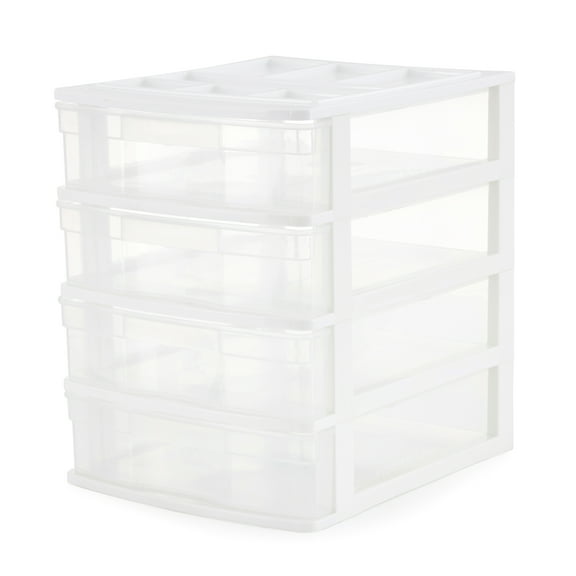 Gracious Living 4 Drawer Clear Plastic Desktop & Countertop Storage Organizer, White Frame
