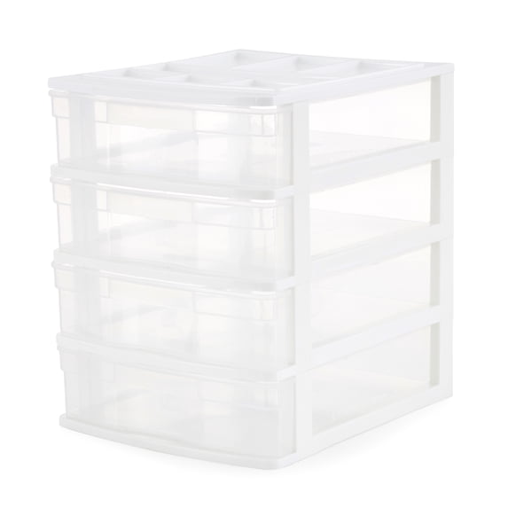 Gracious Living 4 Drawer Clear Plastic Desktop & Countertop Storage Organizer, White Frame