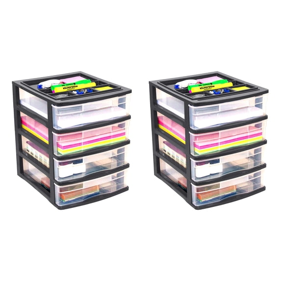 Gracious Living 4 Drawer Desktop Storage w/ Organizer Lid, Black (2 Pack)