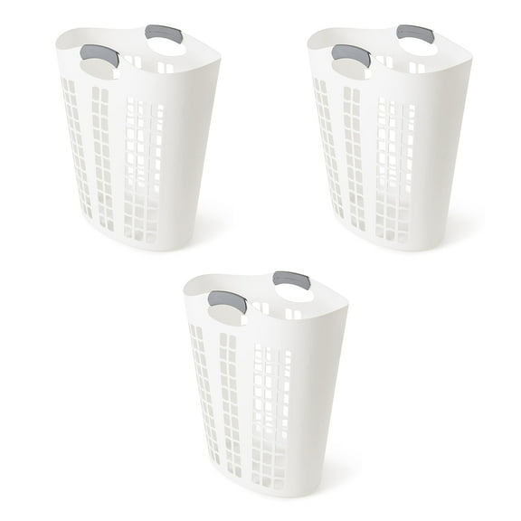 Easy Carry Flex Hamper, Large 87.5 Liter Lightweight Plastic Ventilated Laundry Basket Clothes Bin with Handles, White 3 Pack