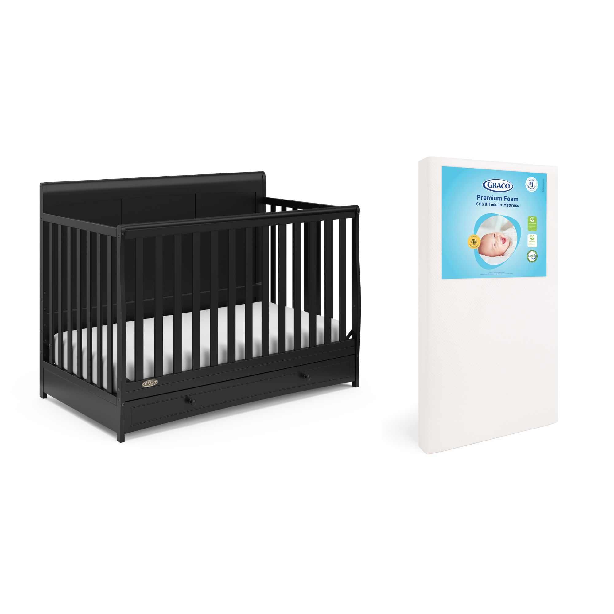 Graco Asheville 4-in-1 Convertible Crib with Drawer and Premium Crib & Toddler Mattress Bundle, Black