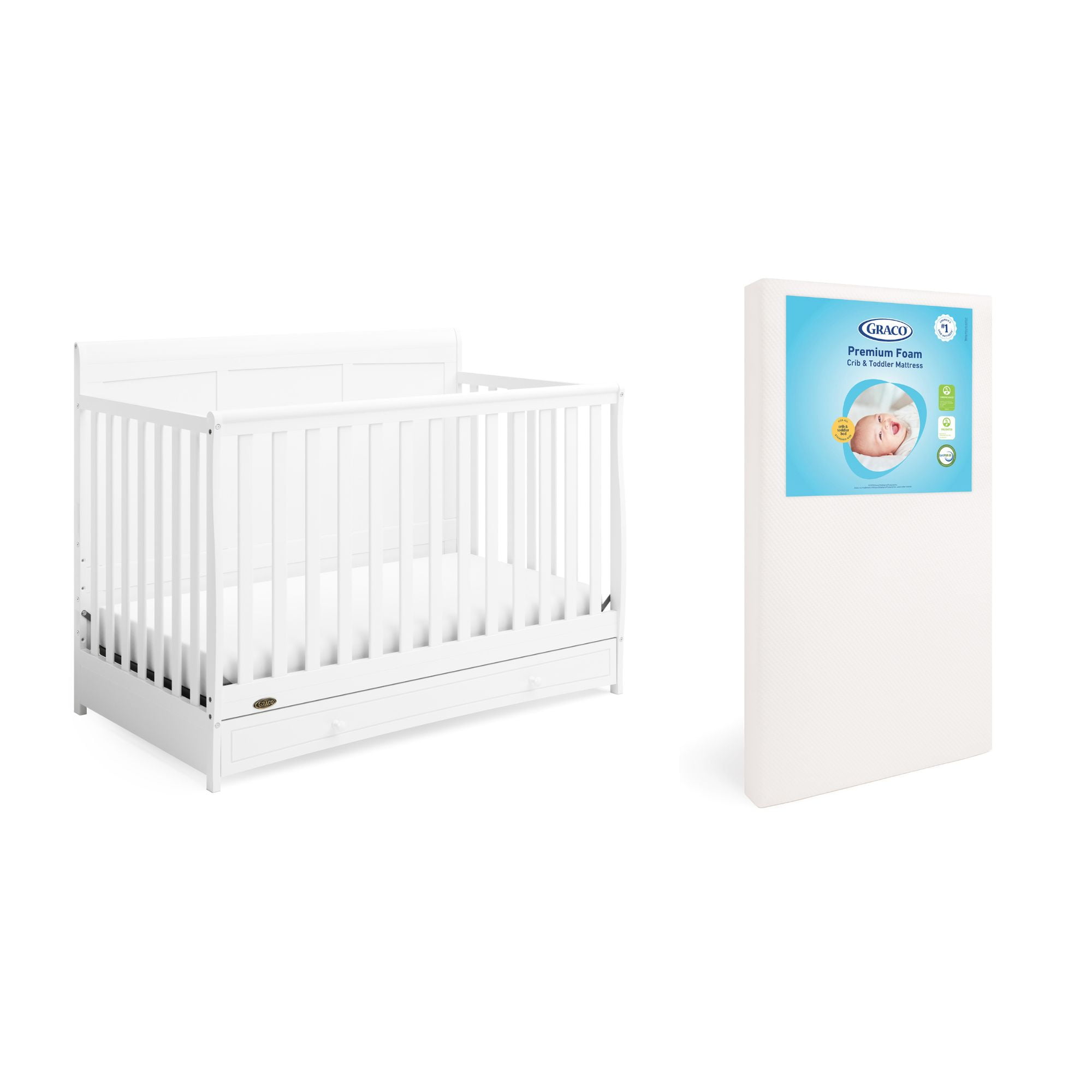 Graco Asheville 4-in-1 Convertible Crib with Drawer and Premium Crib & Toddler Mattress Bundle, White