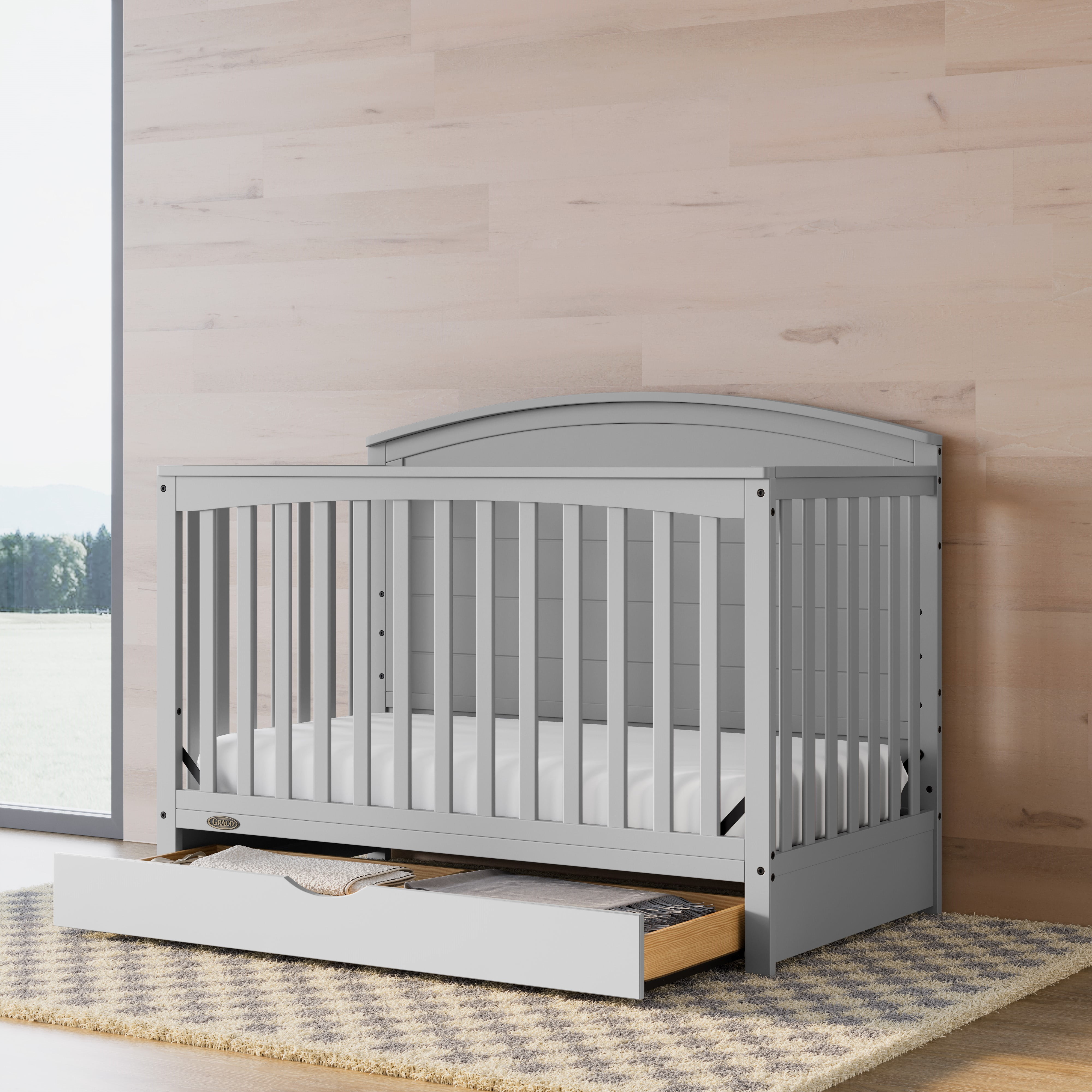 Graco Bellwood 5-in-1 Convertible Baby Crib with Drawer, Pebbe Gray