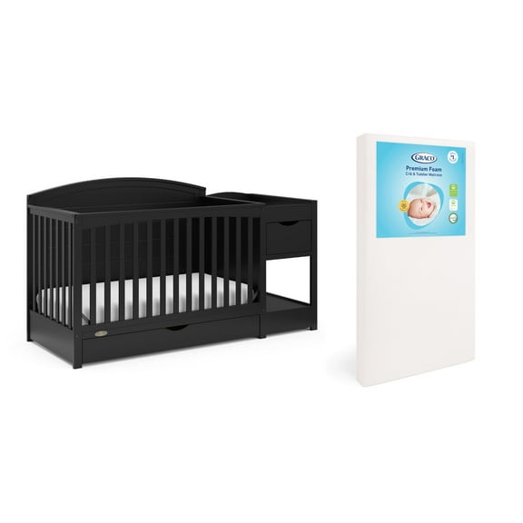Graco Bellwood 5-in-1 Convertible Crib and Changer and Premium Crib & Toddler Mattress Bundle, Black