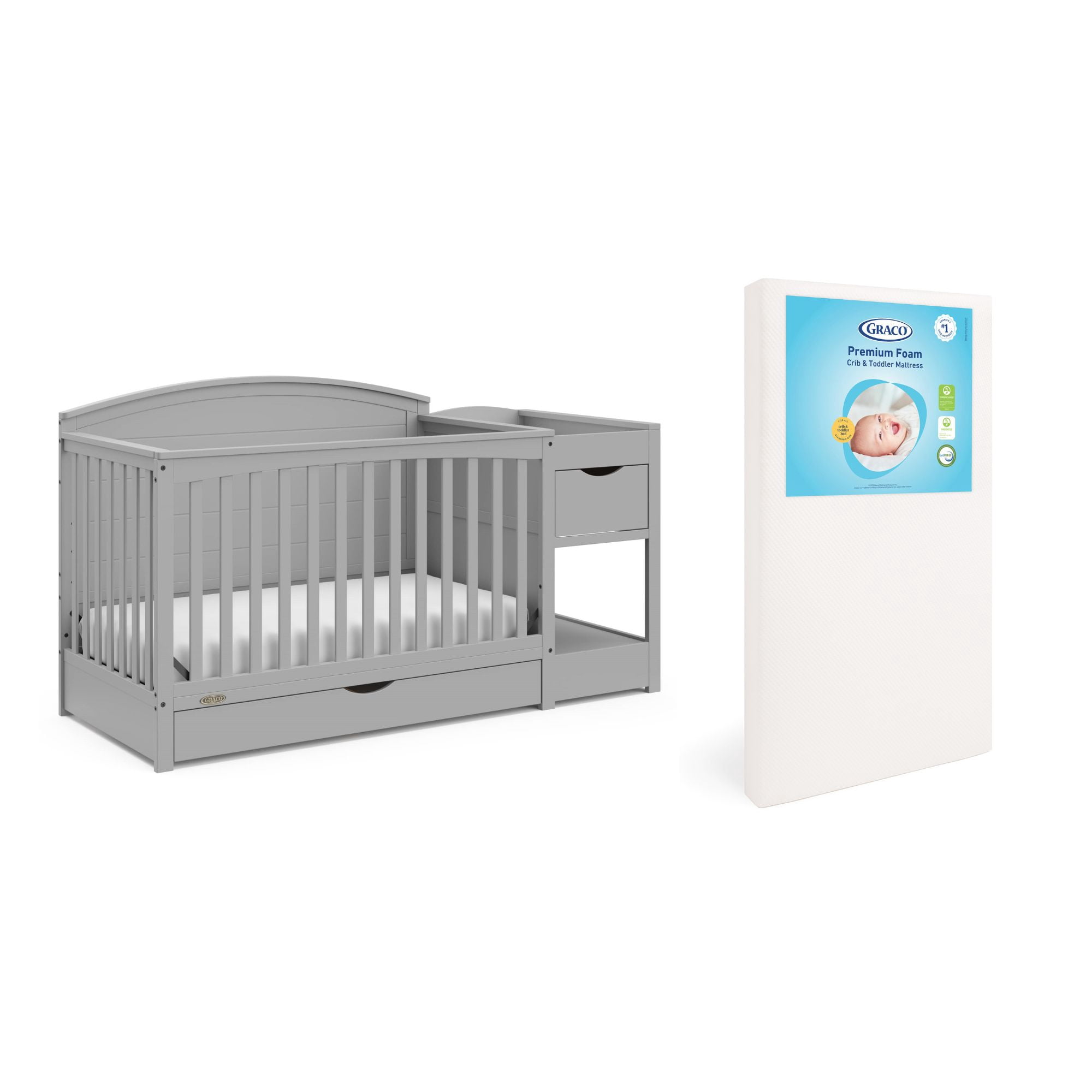 Graco Bellwood 5-in-1 Convertible Crib and Changer and Premium Crib & Toddler Mattress Bundle, Pebble Gray