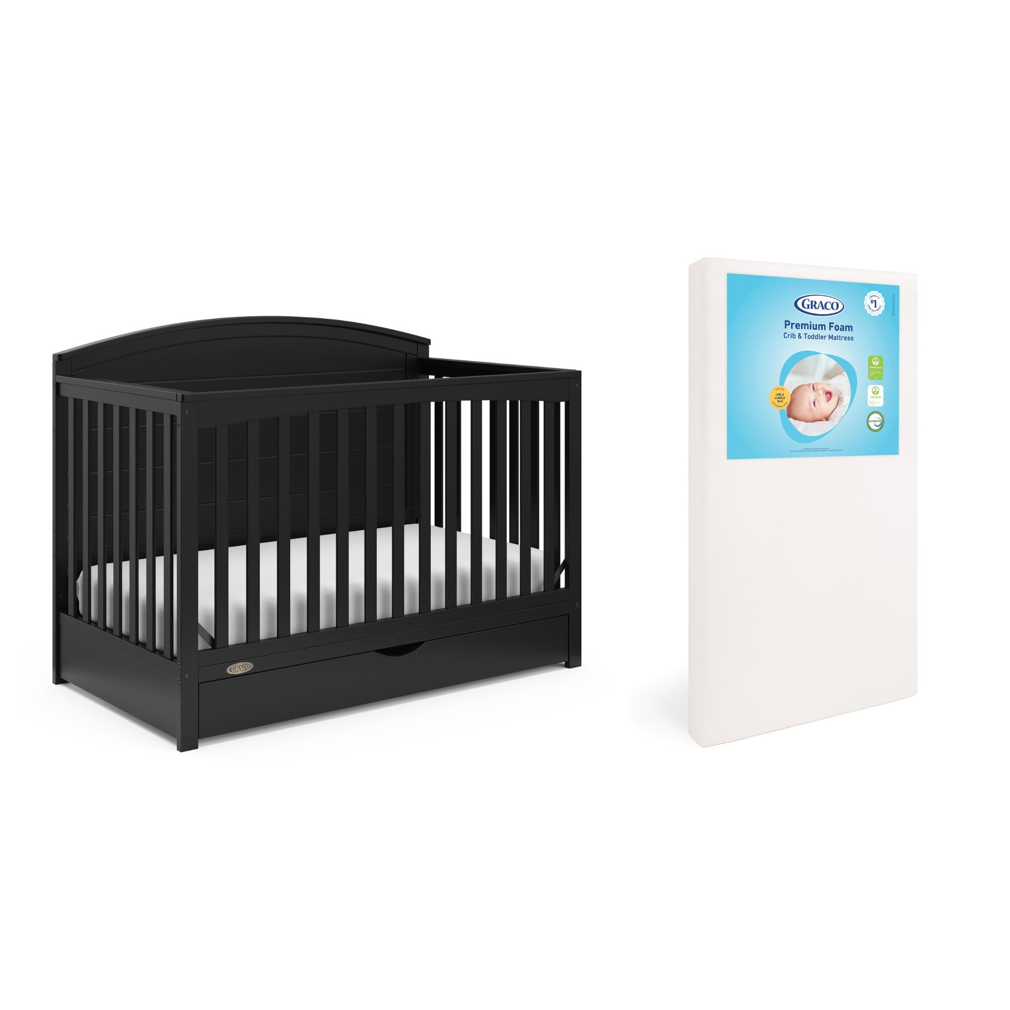 Graco Bellwood 5-in-1 Convertible Crib with Drawer and Premium Crib & Toddler Mattress Bundle, Black