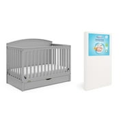 Graco Bellwood 5-in-1 Convertible Crib with Drawer and Premium Crib & Toddler Mattress Bundle, Pebble Gray