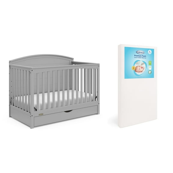 Graco Bellwood 5-in-1 Convertible Crib with Drawer and Premium Crib & Toddler Mattress Bundle, Pebble Gray