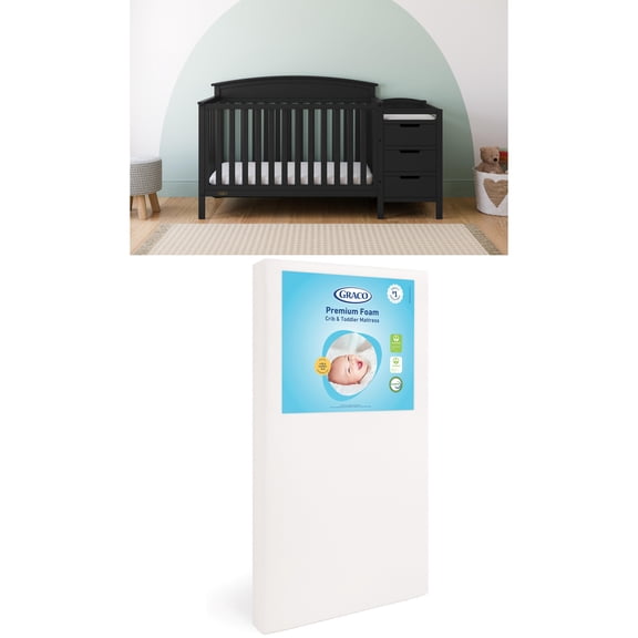 Graco Benton 4-in-1 Convertible Crib and Changer and Premium Crib & Toddler Mattress Bundle, Black