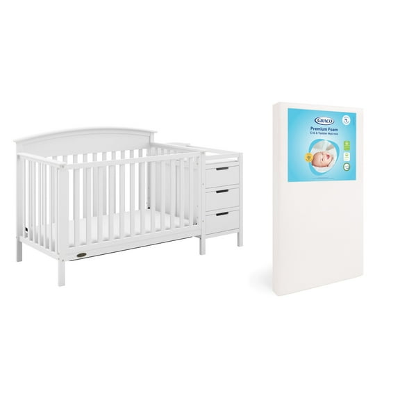 Graco Benton 4-in-1 Convertible Crib and Changer and Premium Crib & Toddler Mattress Bundle, White