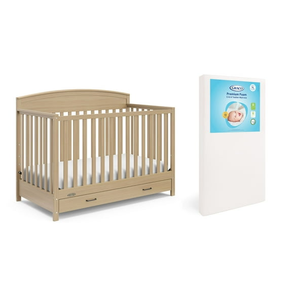 Graco Benton 5-in-1 Convertible Crib with Drawer and Premium Crib & Toddler Mattress Bundle, Driftwood