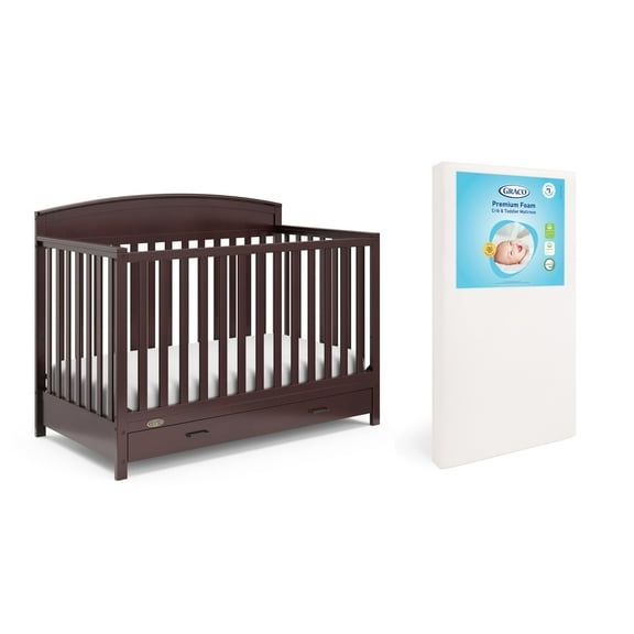Graco Benton 5-in-1 Convertible Crib with Drawer and Premium Crib & Toddler Mattress Bundle, Espresso