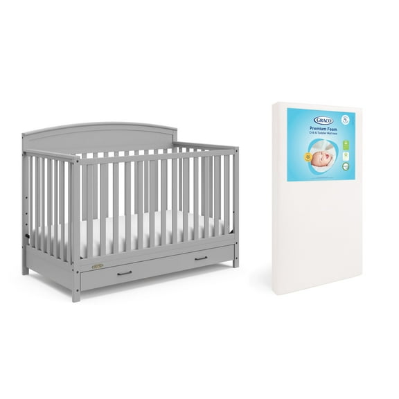 Graco Benton 5-in-1 Convertible Crib with Drawer and Premium Crib & Toddler Mattress Bundle, Pebble Gray