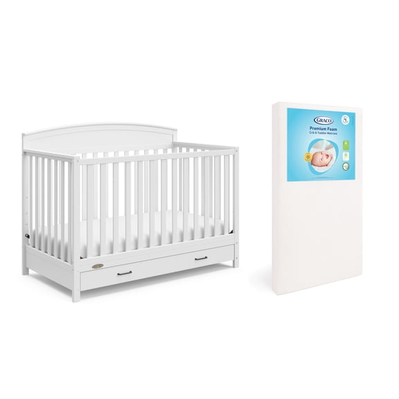 Graco Benton 5-in-1 Convertible Crib with Drawer and Premium Crib & Toddler Mattress Bundle, White