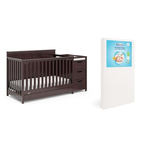 Graco Hadley 5-in-1 Convertible Crib and Changer and Premium Crib & Toddler Mattress Bundle, Espresso