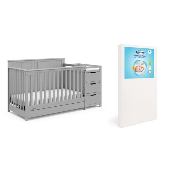 Graco Hadley 5-in-1 Convertible Crib and Changer and Premium Crib & Toddler Mattress Bundle, Pebble Gray