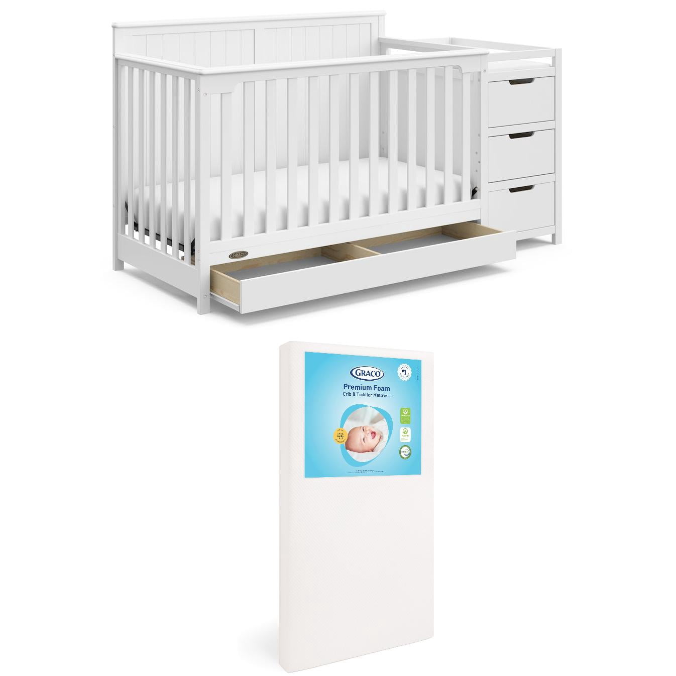 Graco Hadley 5-in-1 Convertible Crib and Changer and Premium Crib & Toddler Mattress Bundle, White
