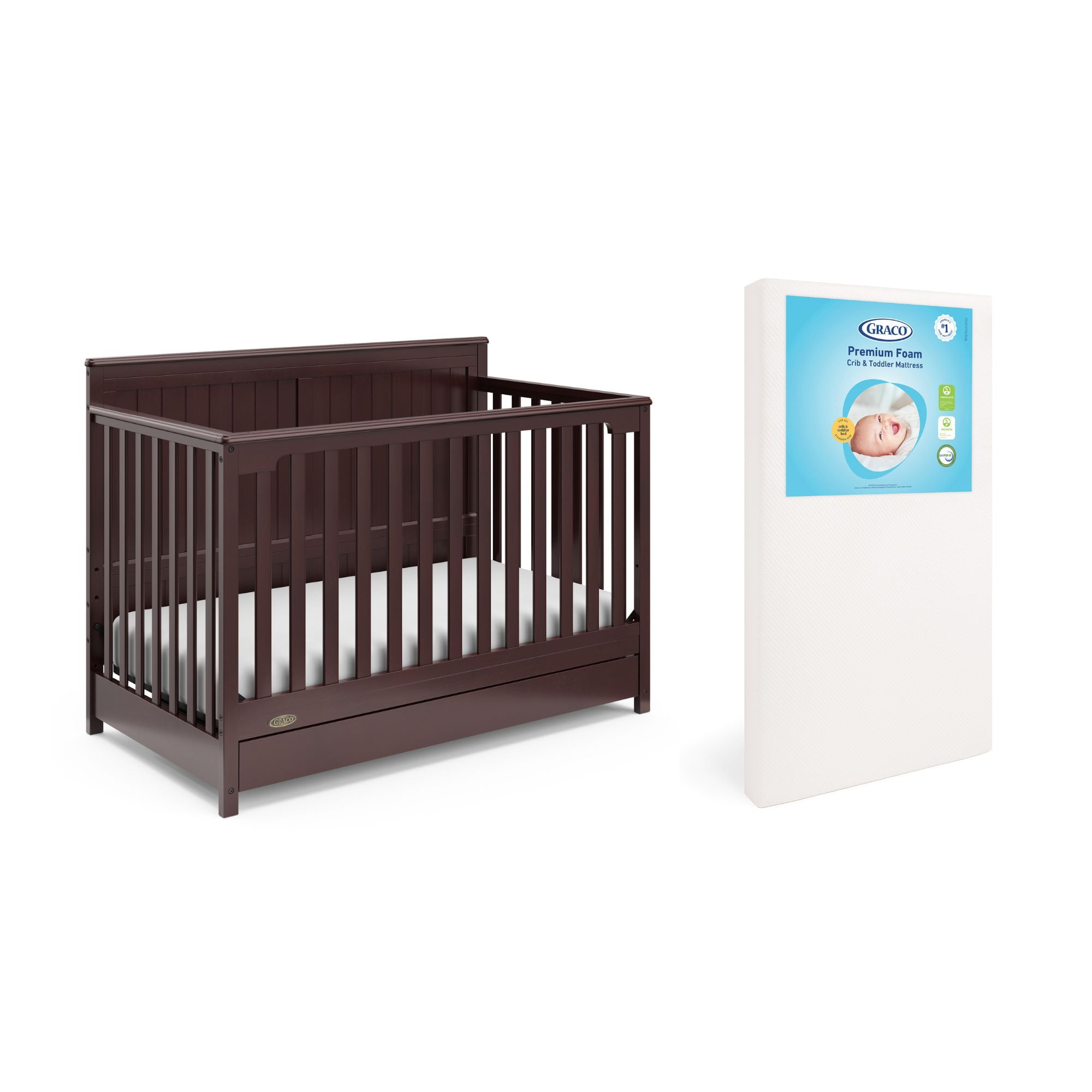 Graco Hadley 5-in-1 Convertible Crib with Drawer and Premium Crib & Toddler Mattress Bundle, Espresso
