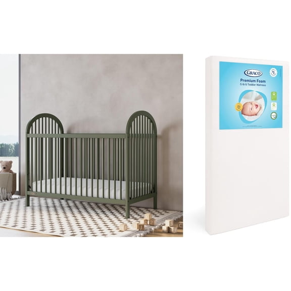 Graco Olivia 3-in-1 Convertible Crib and Premium Crib & Toddler Mattress Bundle, Olive