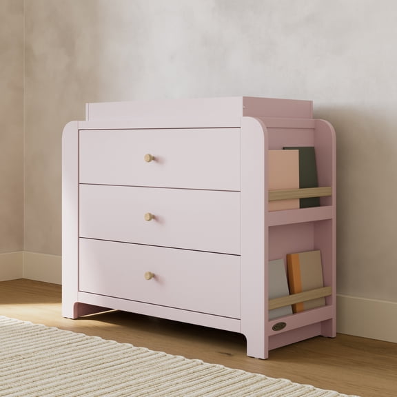 Graco Read-with-Me 3 Drawer Chest with Bookshelves and Removable Changing Topper, Blush with Driftwood
