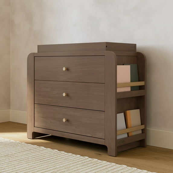 Graco Read-with-Me 3 Drawer Chest with Bookshelves and Removable Changing Topper, Hazelnut with Driftwood