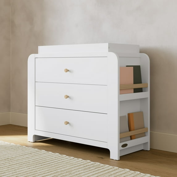 Graco Read-with-Me 3 Drawer Chest with Bookshelves and Removable Changing Topper, White with Driftwood