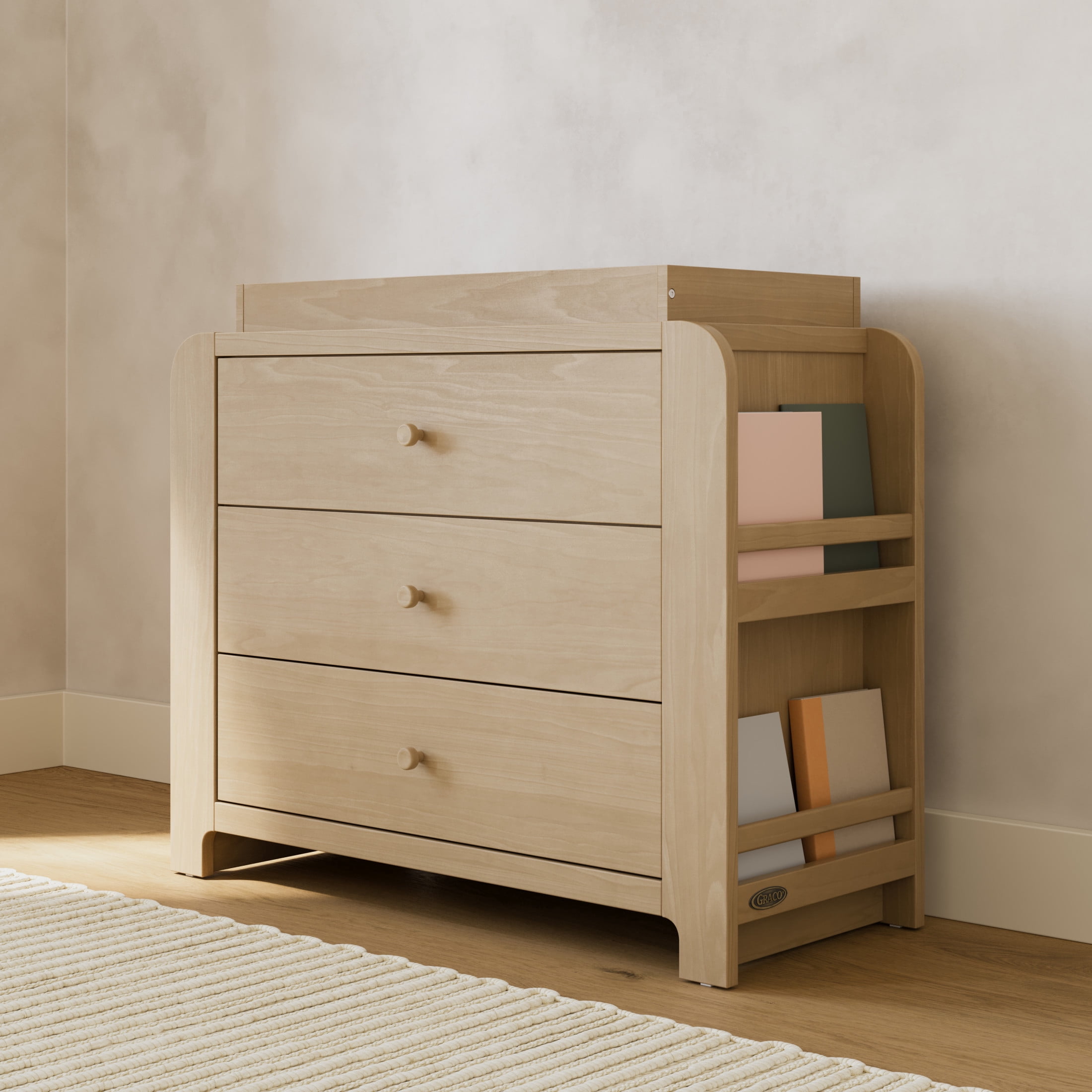 Graco Read-with-Me 3 Drawer Chest with Bookshelves and Removable Infant Changing Topper, Driftwood