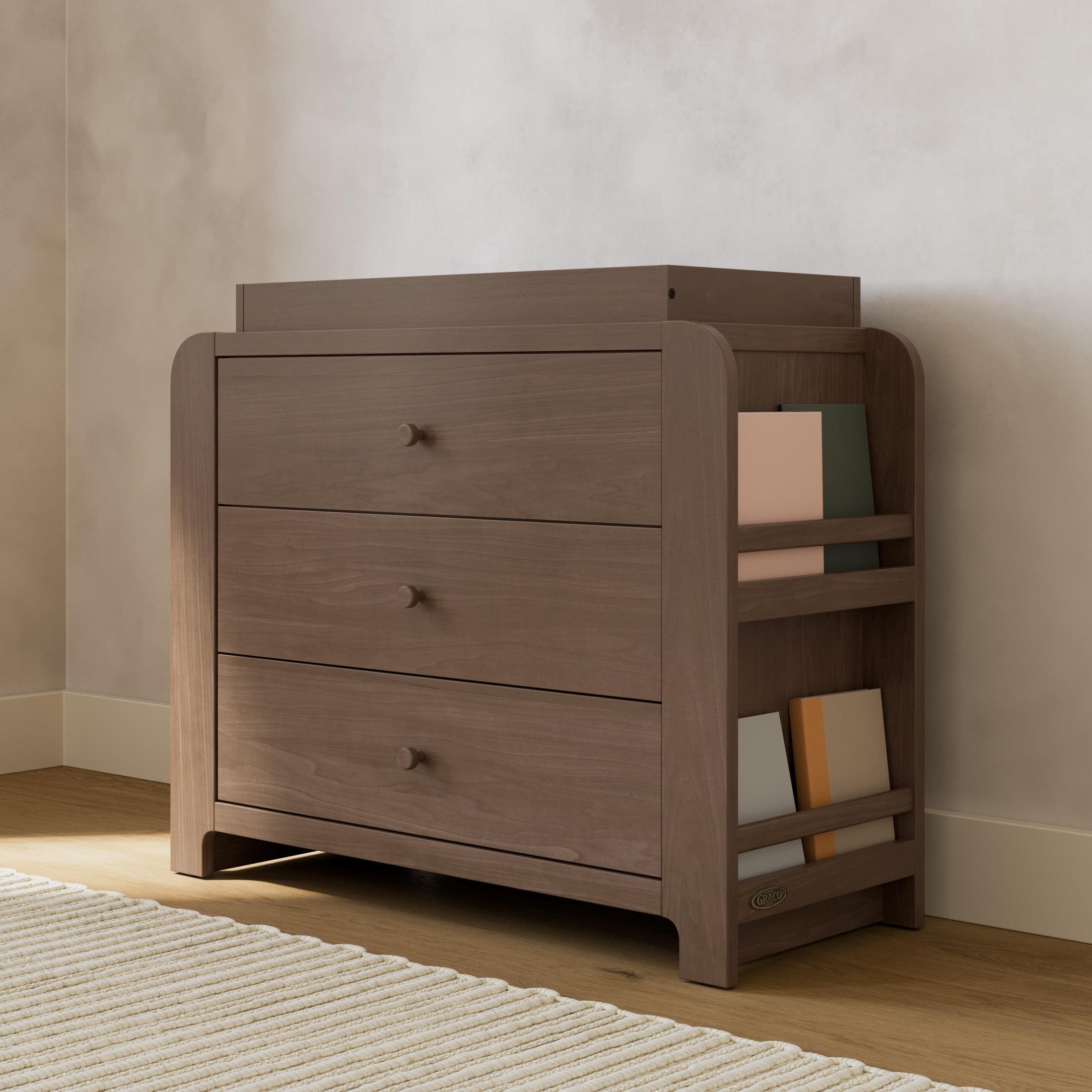 Graco Read-with-Me 3 Drawer Chest with Bookshelves and Removable Infant Changing Topper, Hazelnut