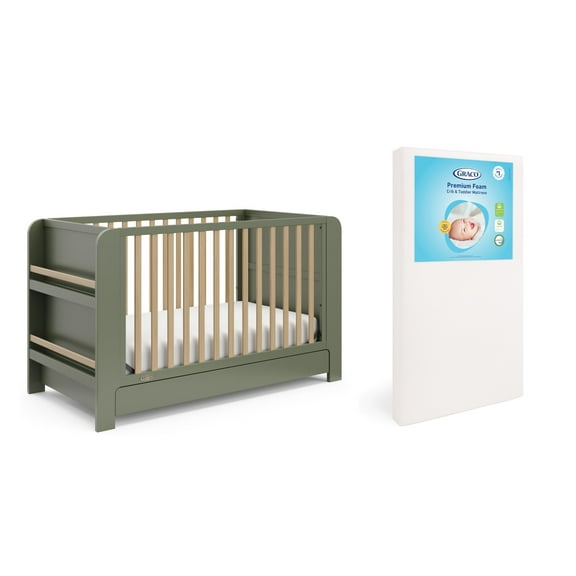 Graco Read-with-Me 4-in-1 Convertible Crib and Premium Crib & Toddler Mattress Bundle, Olive with Driftwood