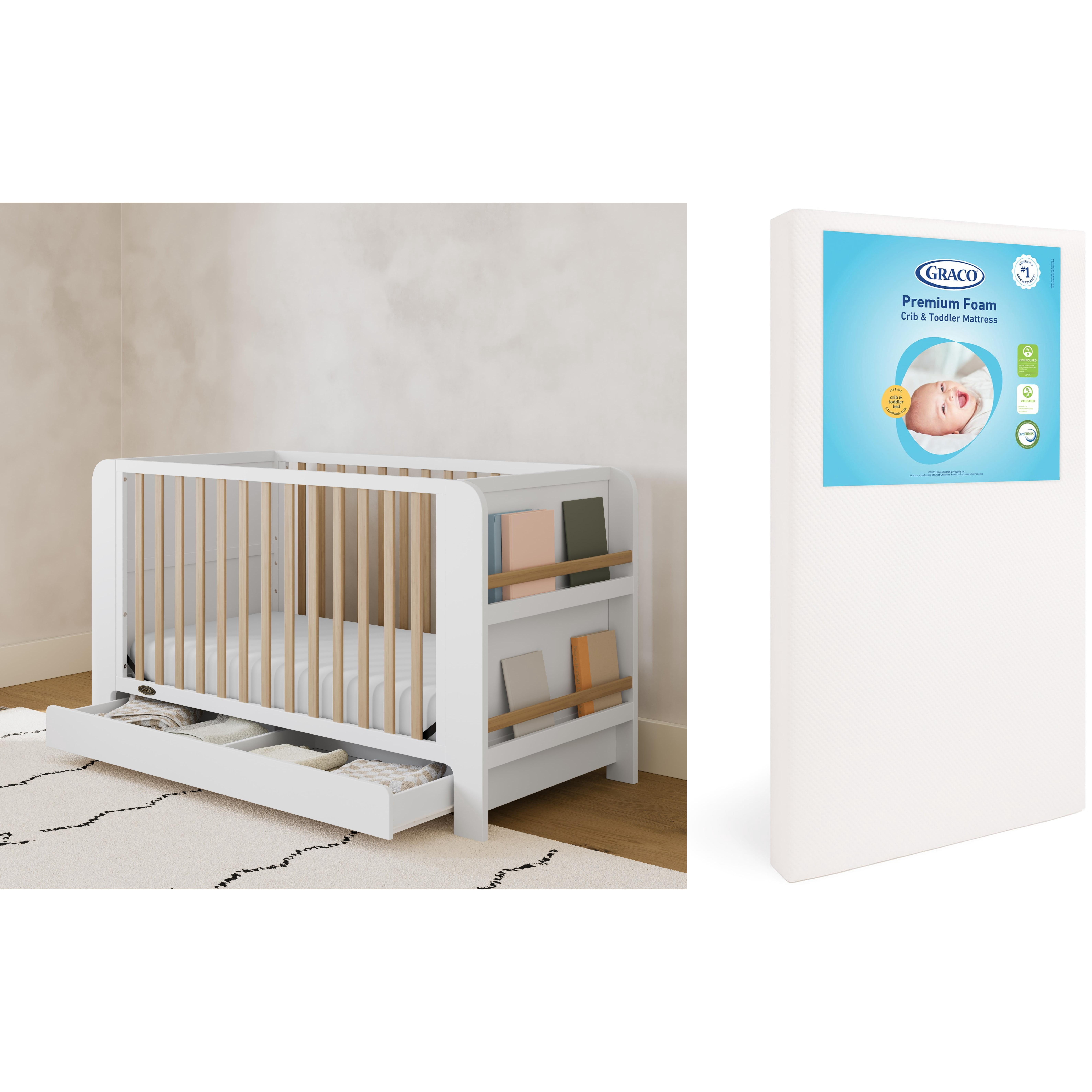 Graco Read-with-Me 4-in-1 Convertible Crib and Premium Crib & Toddler Mattress Bundle, White with Driftwood