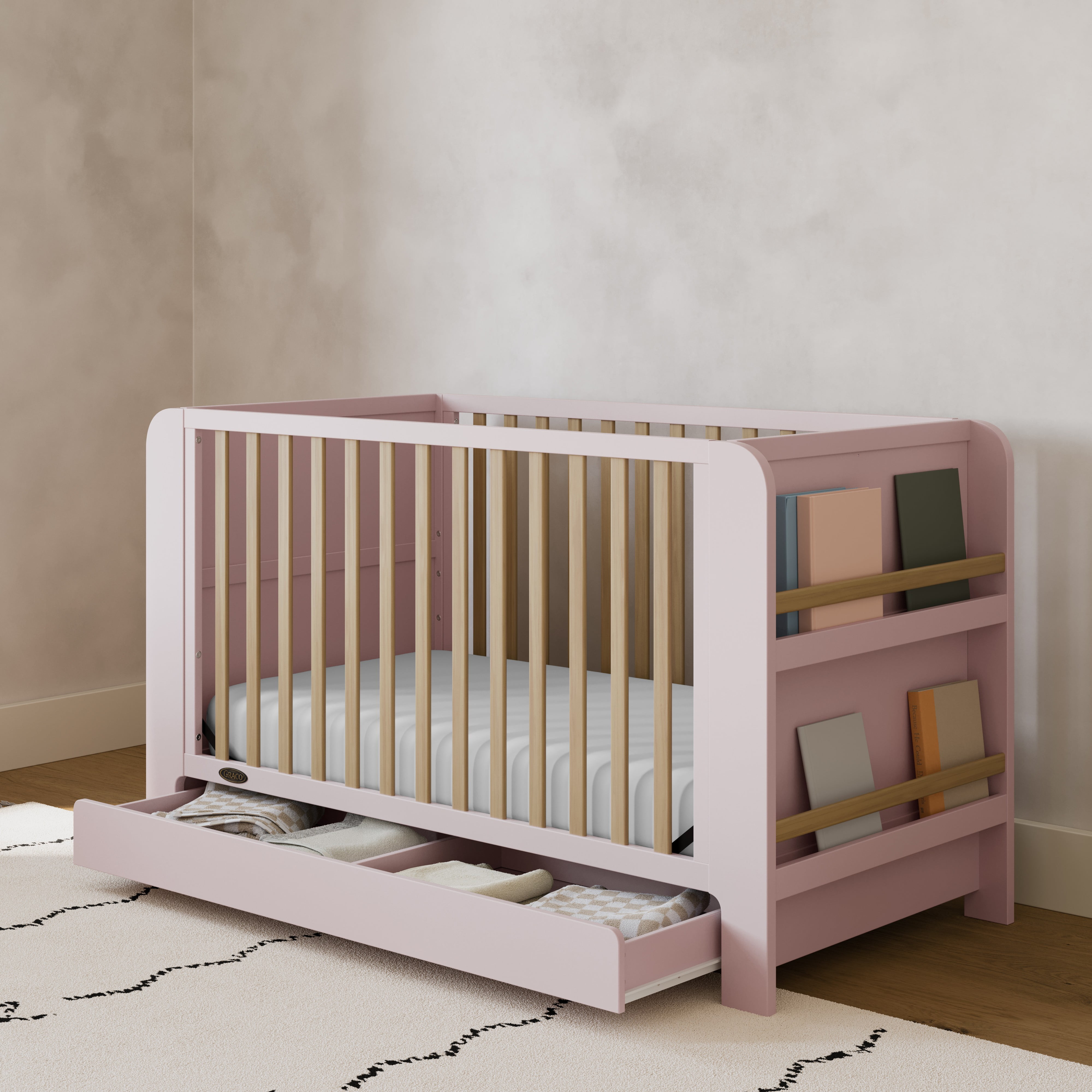 Graco Read-with-Me 4-in-1 Convertible Baby Crib with Drawer, Blush with Driftwood