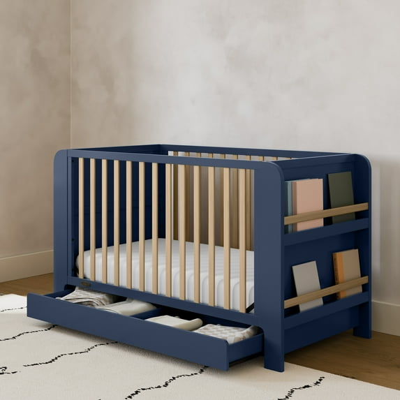 Graco Read-with-Me 4-in-1 Convertible Baby Crib with Drawer, Midnight Blue with Driftwood