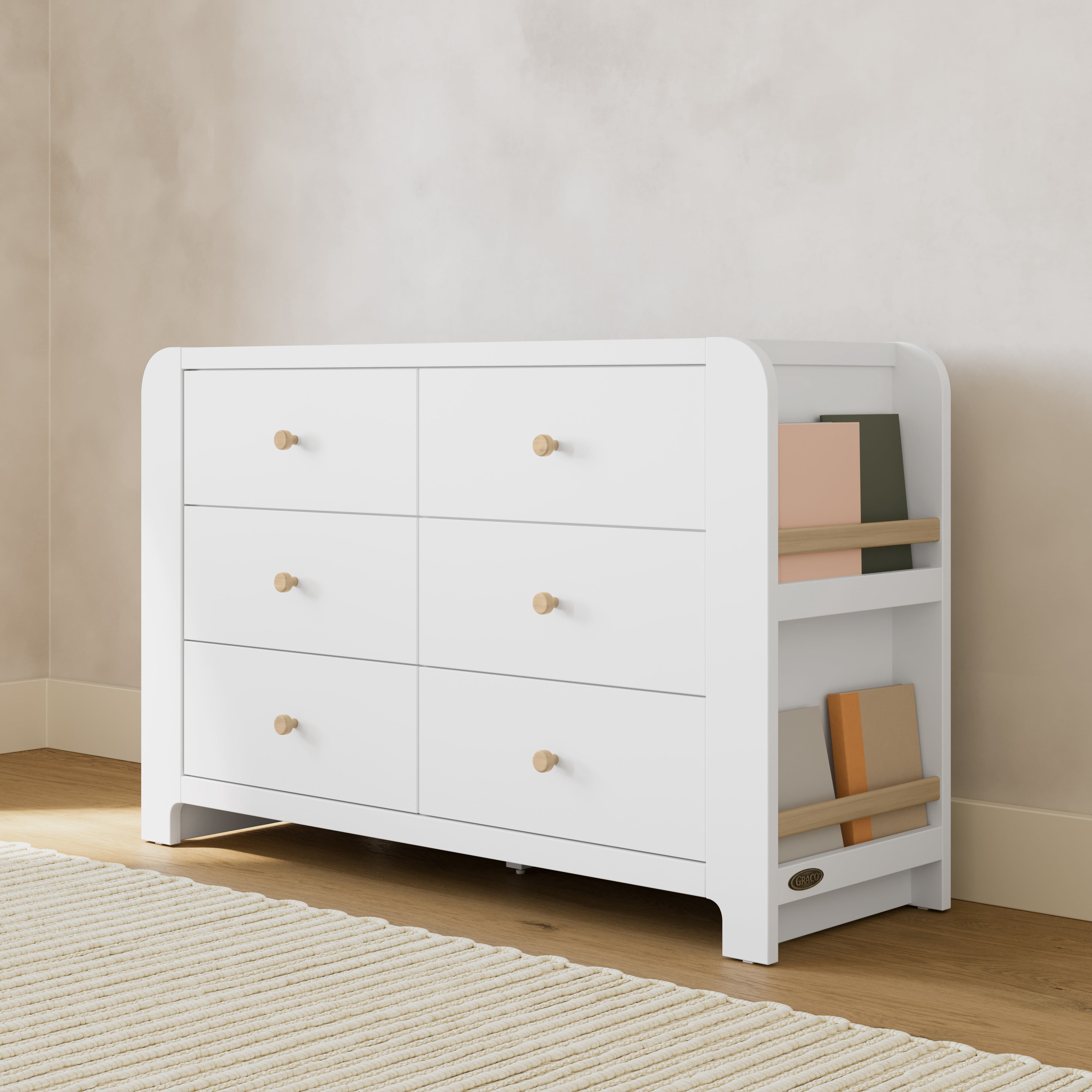 Graco Read-with-Me 6 Drawer Chest with Bookshelves, White with Driftwood